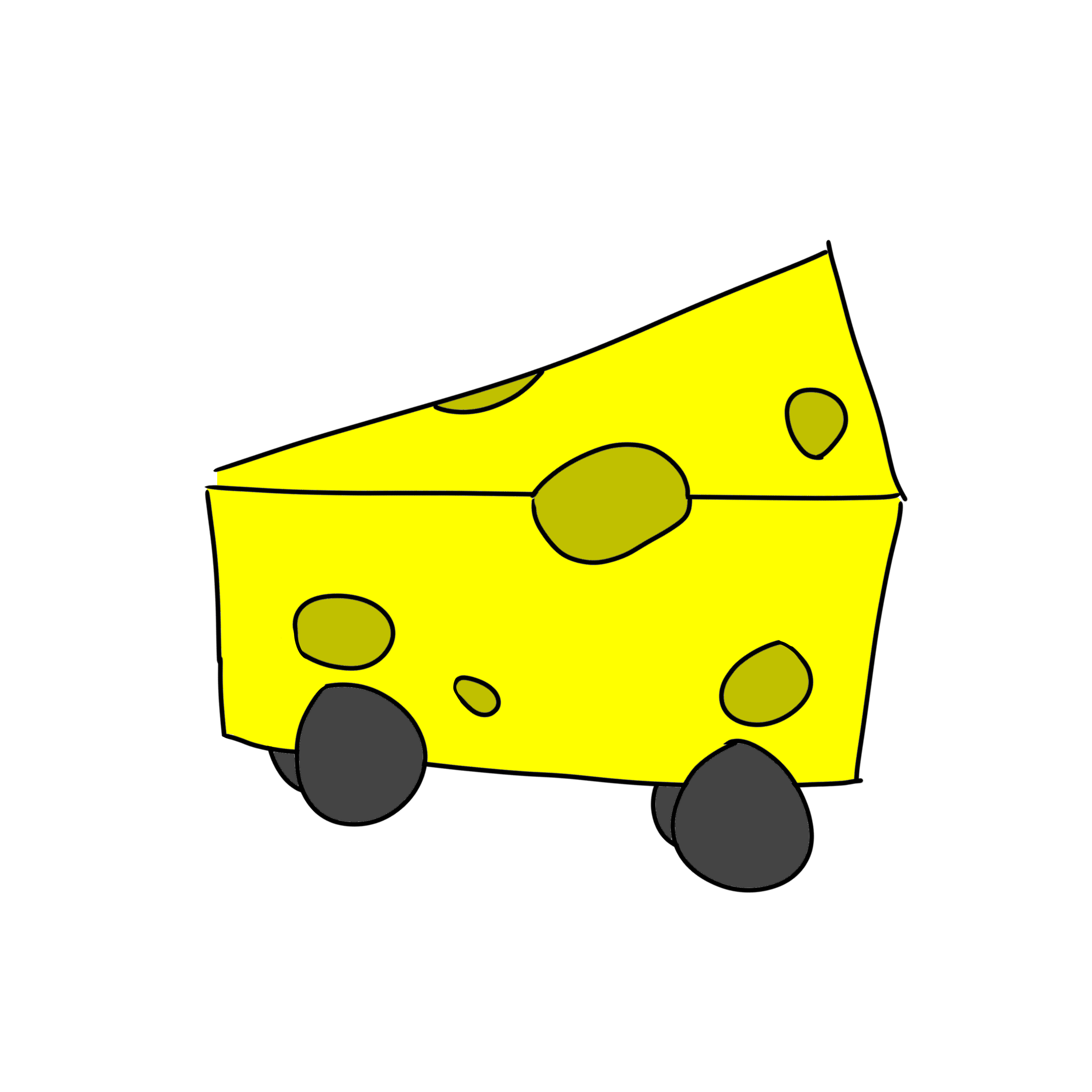 a triangular yellow block of cheese with holes in, it has grey wheels at the bottom